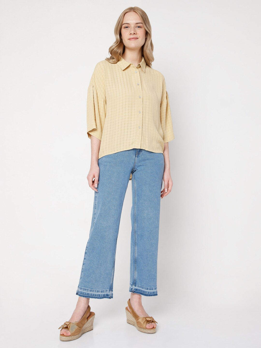 

Vero Moda Women Beige Striped Casual Shirt