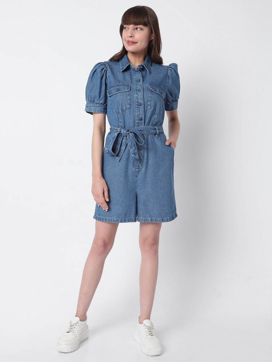 

Vero Moda Blue Belted Cotton Denim Playsuit