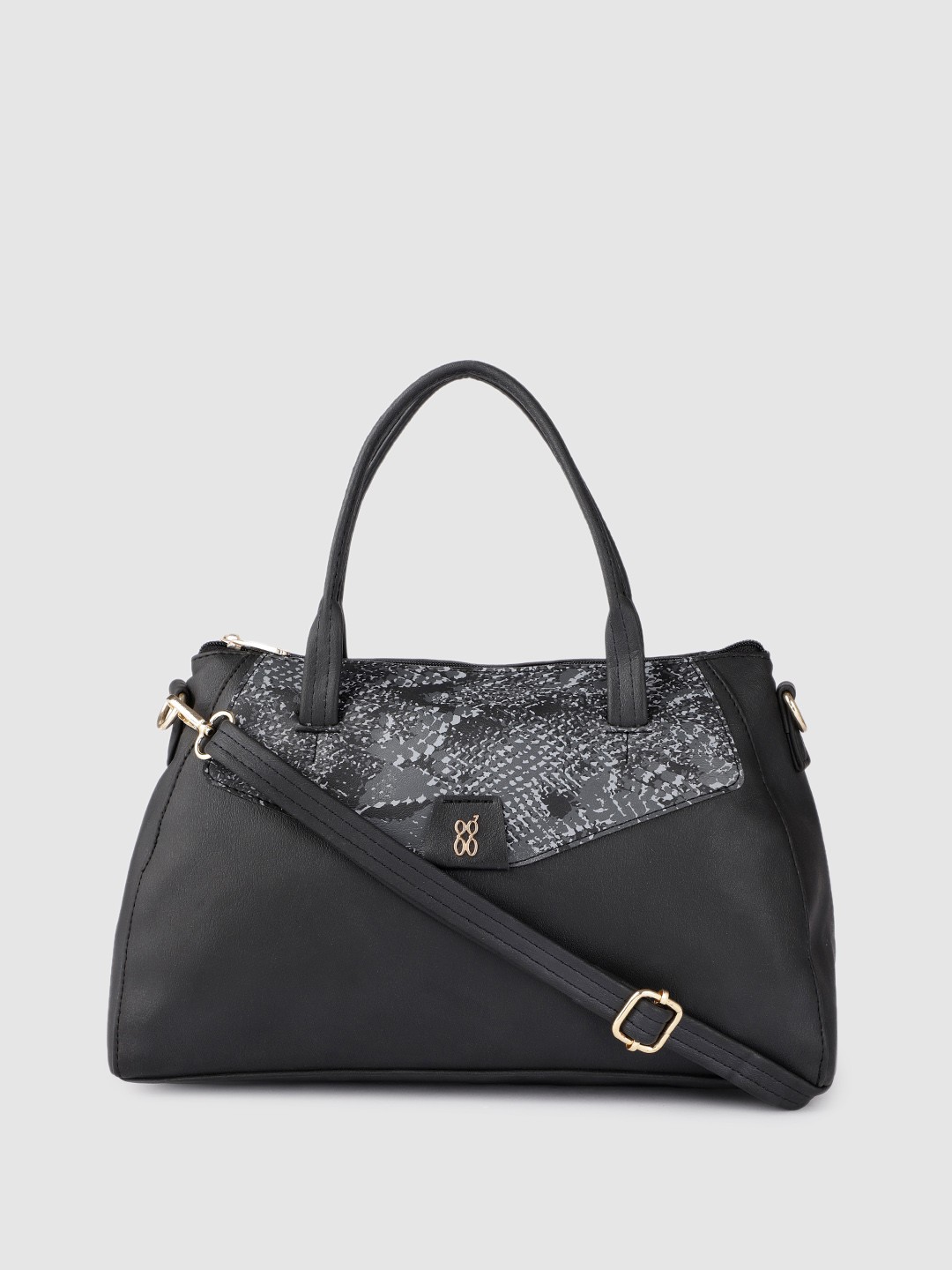 

Baggit Black Solid Regular Structured Handheld Bag with Printed Applique Detail