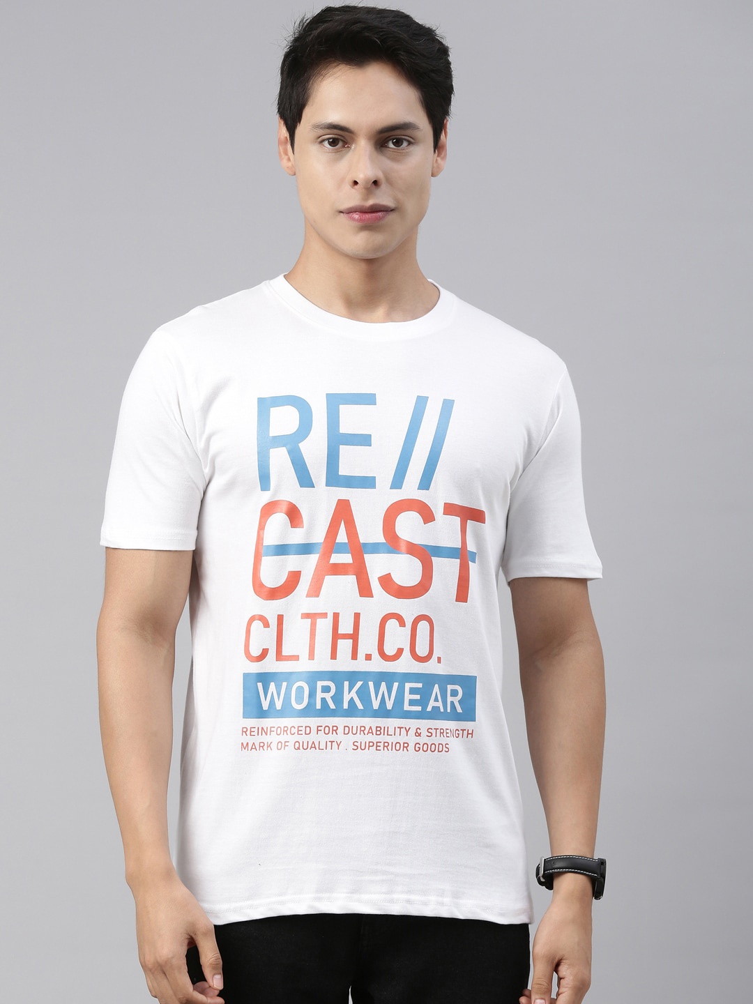 

recast Men White & Blue Brand Logo Printed Pure Cotton T-shirt