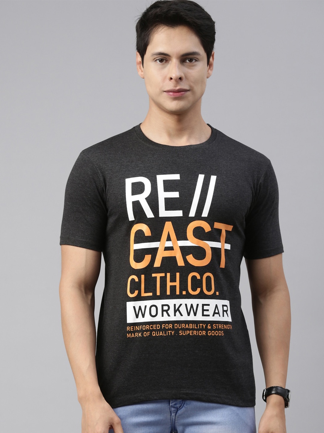 

recast Men Charcoal Typography Printed T-shirt