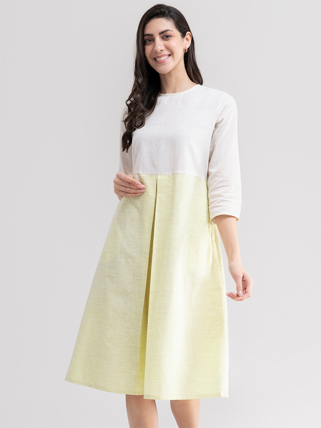 

Marigold by FableStreet Yellow & White Colourblocked A-Line Dress