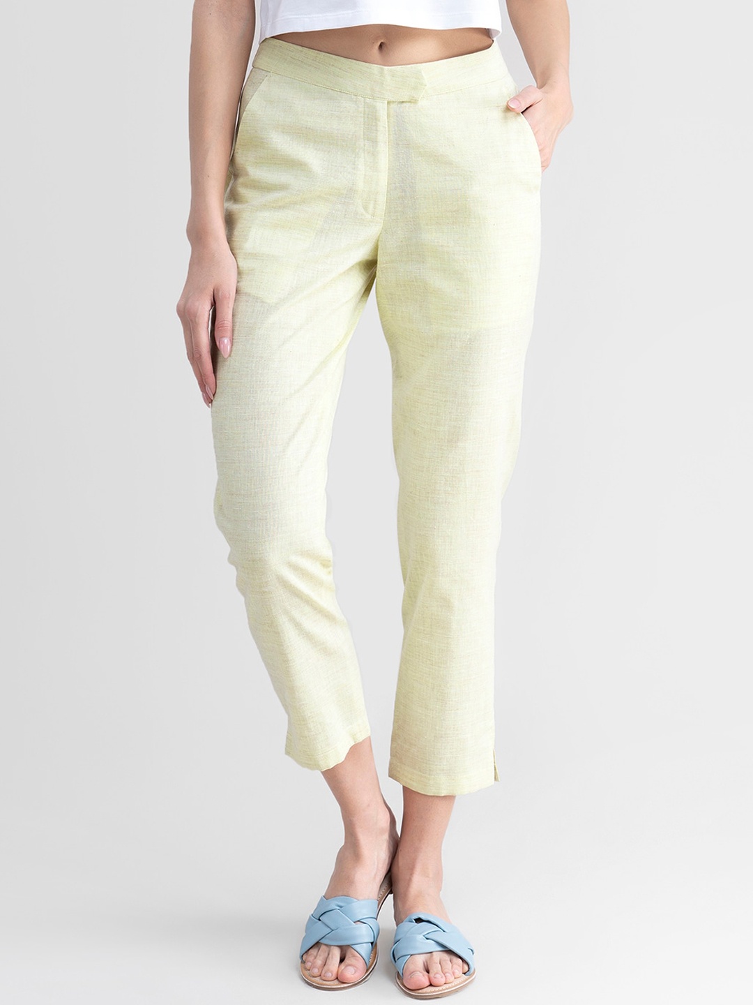 

Pink Fort Women Yellow Solid Comfort Tapered Fit Easy Wash Cotton Trousers