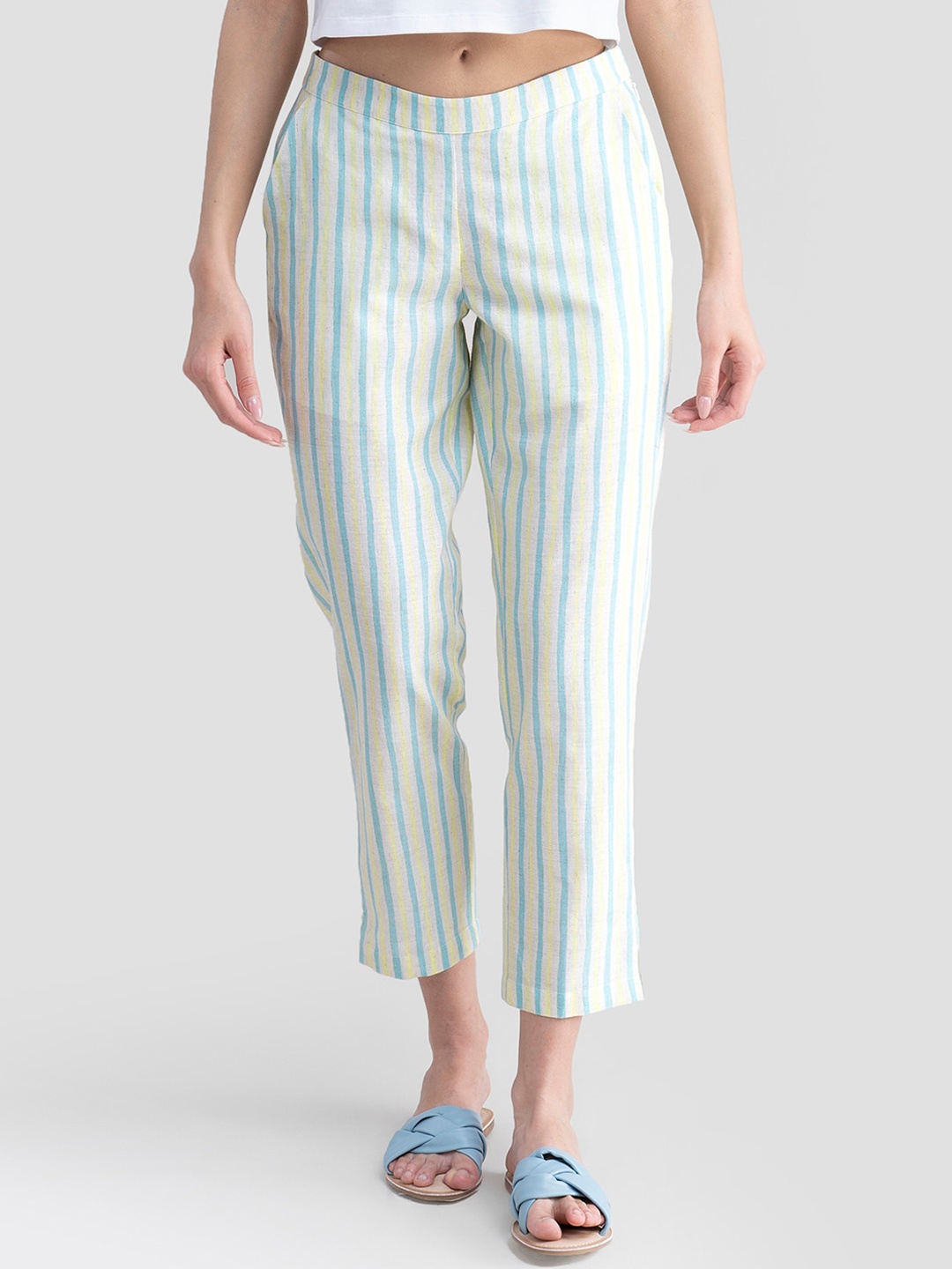 

Pink Fort Women Cream Striped Comfort Tapered Fit Cotton Trousers