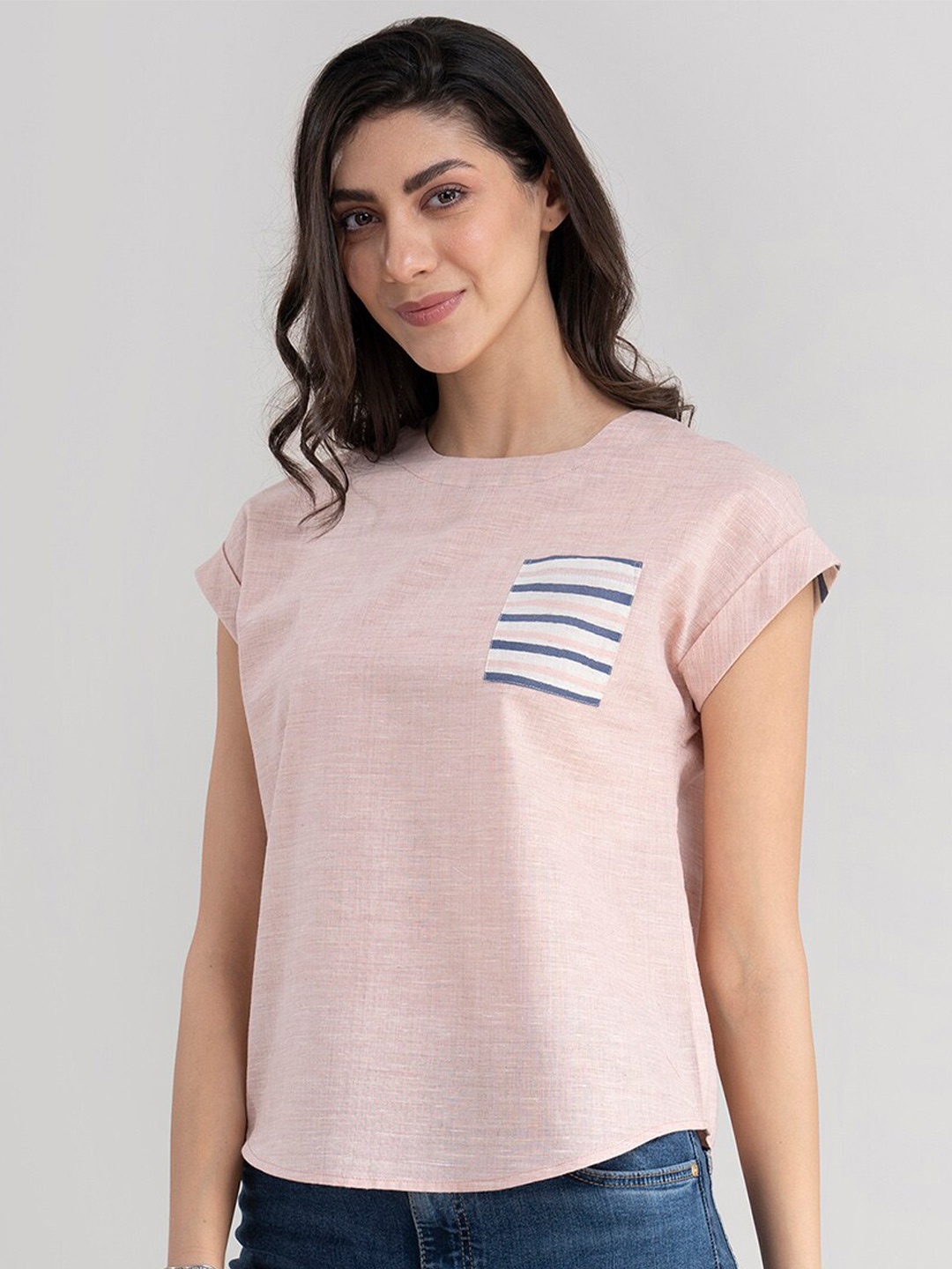 

Pink Fort Women Pink Woven Design Pocket Detail Pure Cotton Top