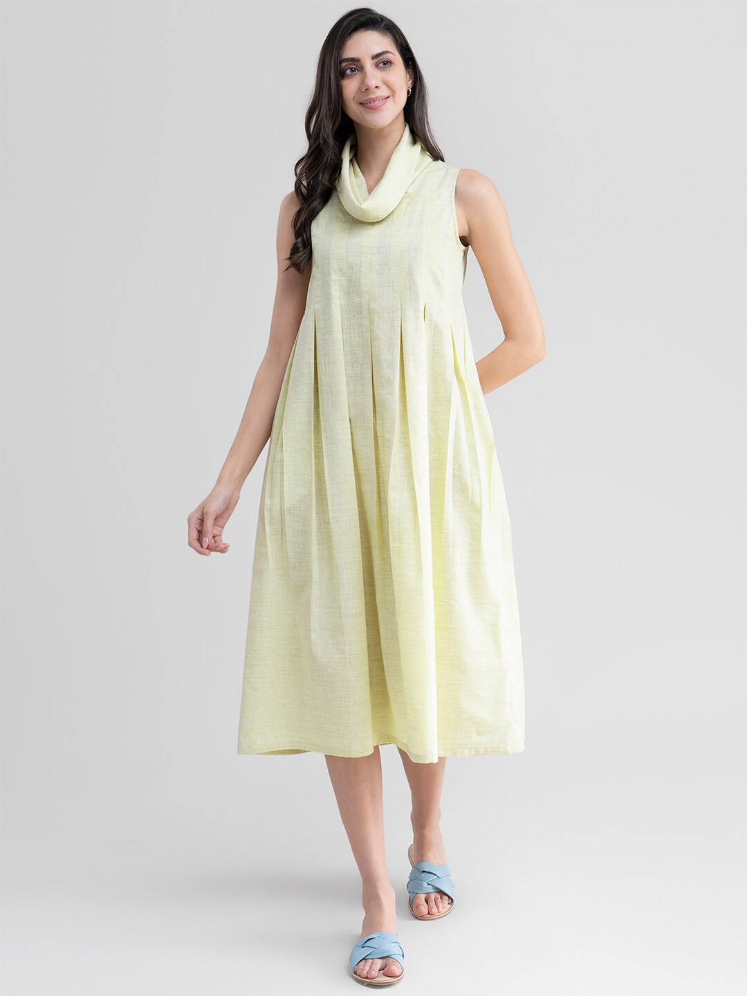 

Pink Fort Yellow Cowl Neck Cotton A-Line Midi Dress