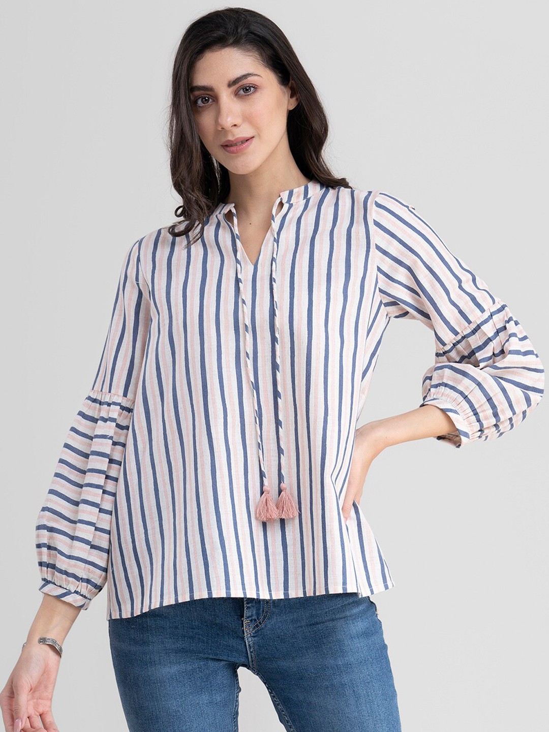 

Pink Fort White Striped Mandarin Collar Shirt Style Top
