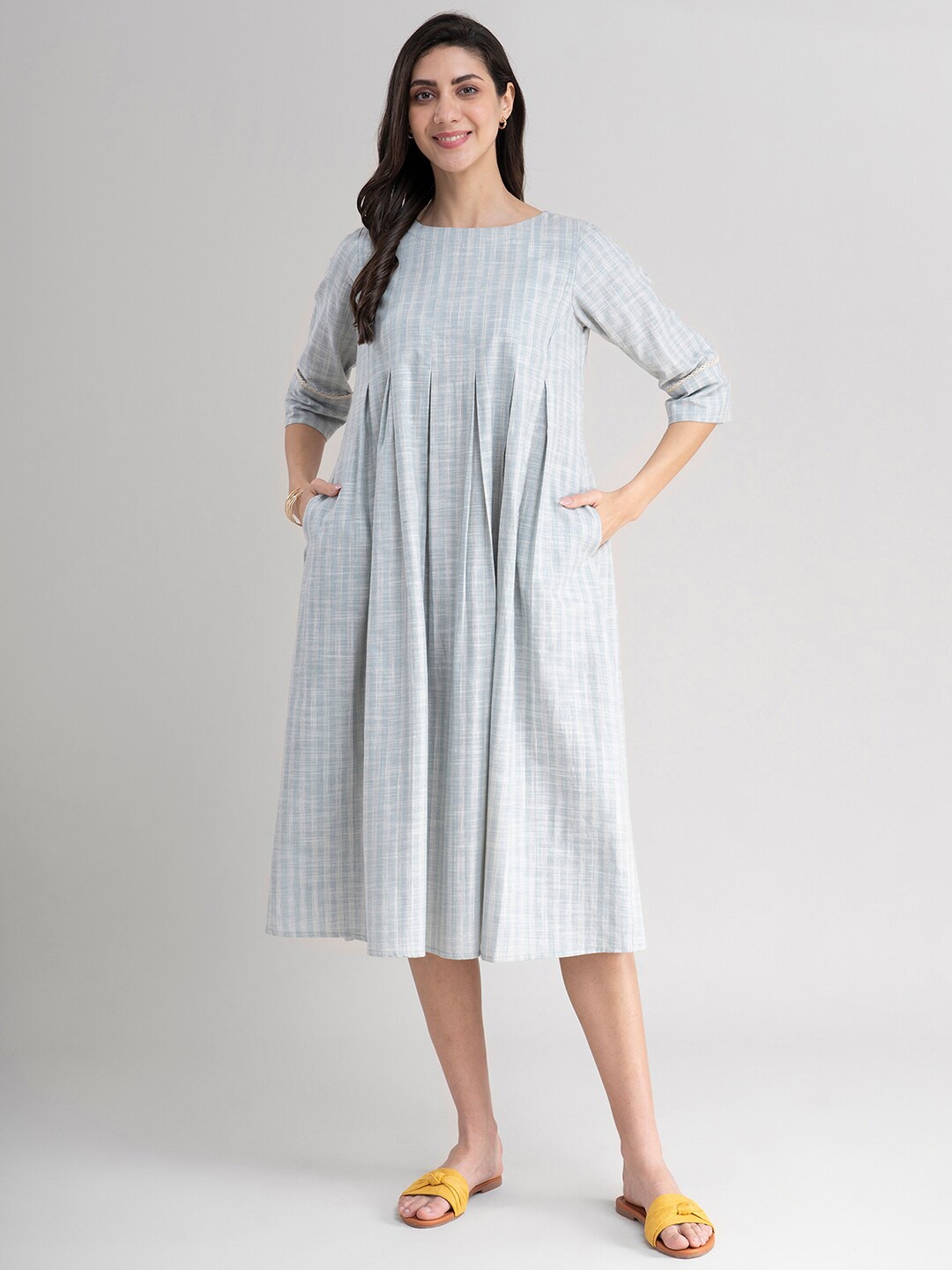 

Pink Fort Women Grey & Blue Checked A-Line Midi Dress
