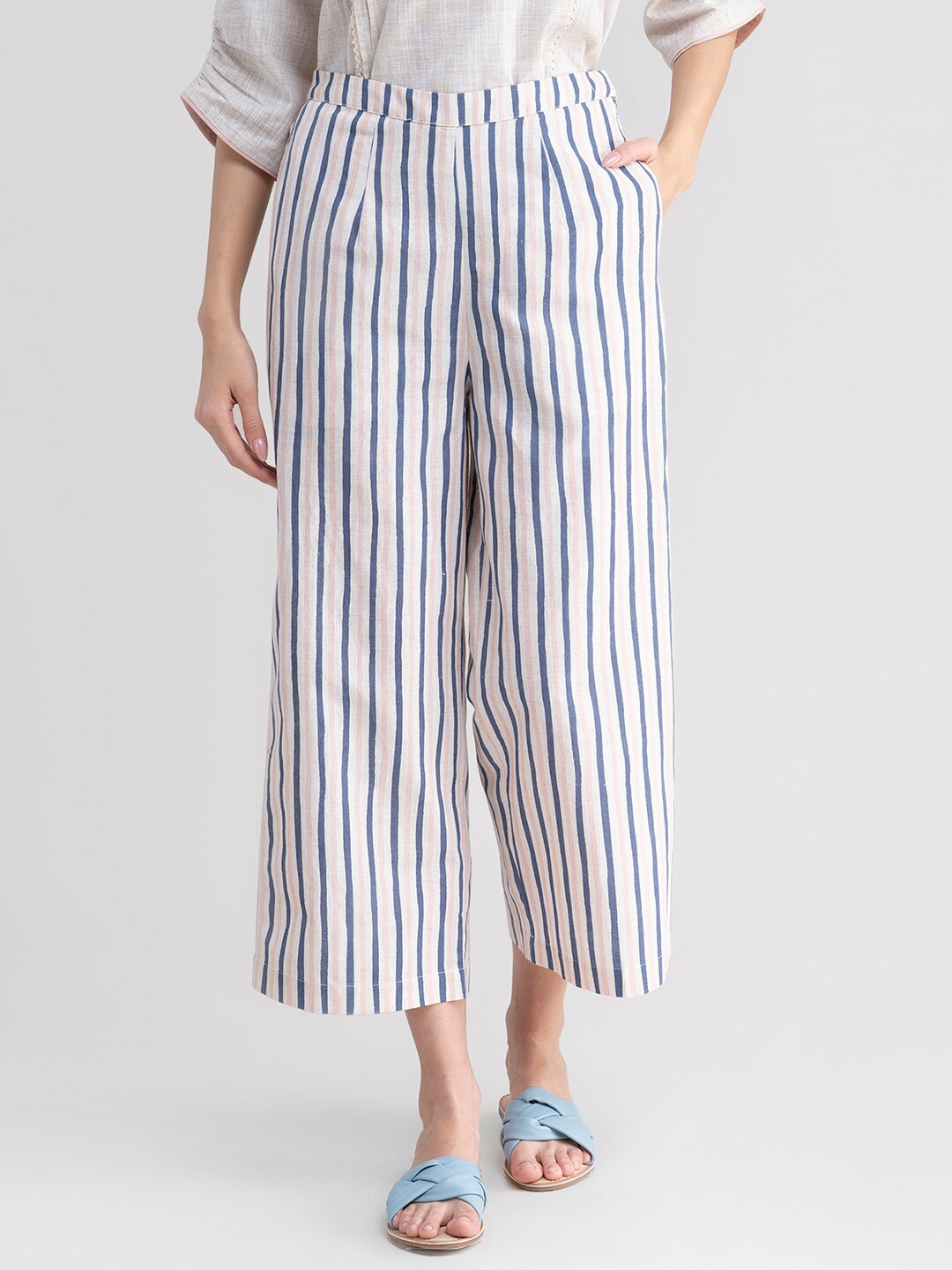 

Pink Fort Women White & Blue Striped Cropped Cotton Palazzos