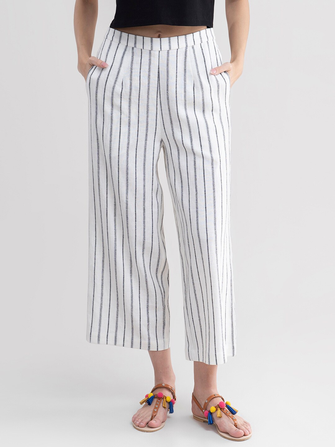 

Pink Fort Women White & Black Striped Cropped Cotton Palazzos