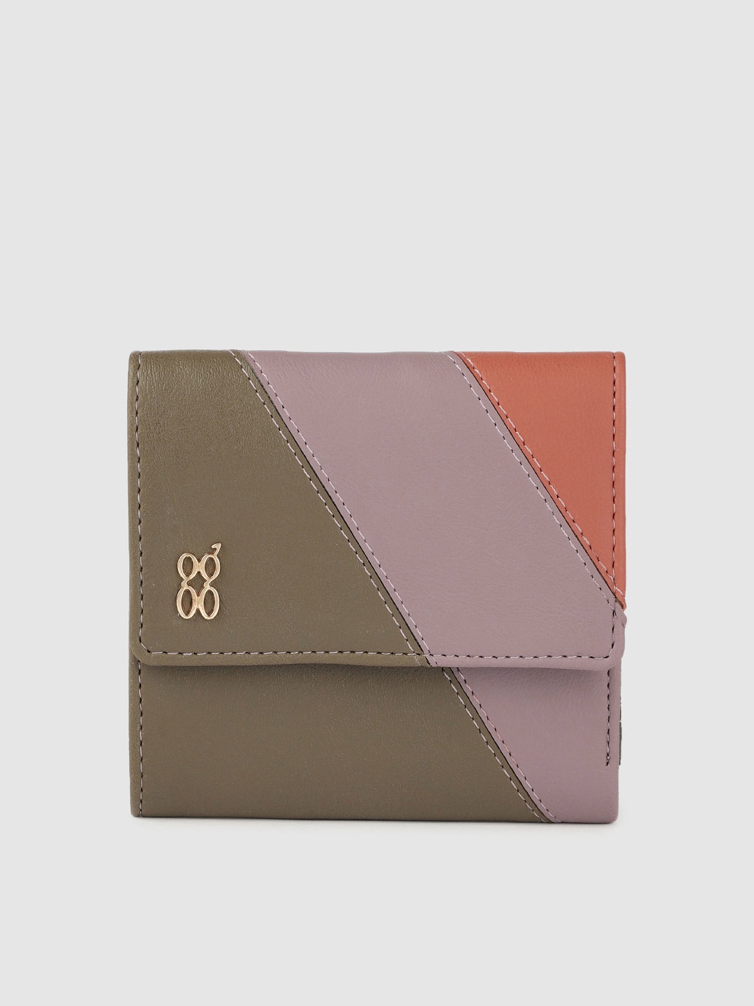 

Baggit Women Olive Green & Mauve Pink Colourblocked Three Fold Wallet