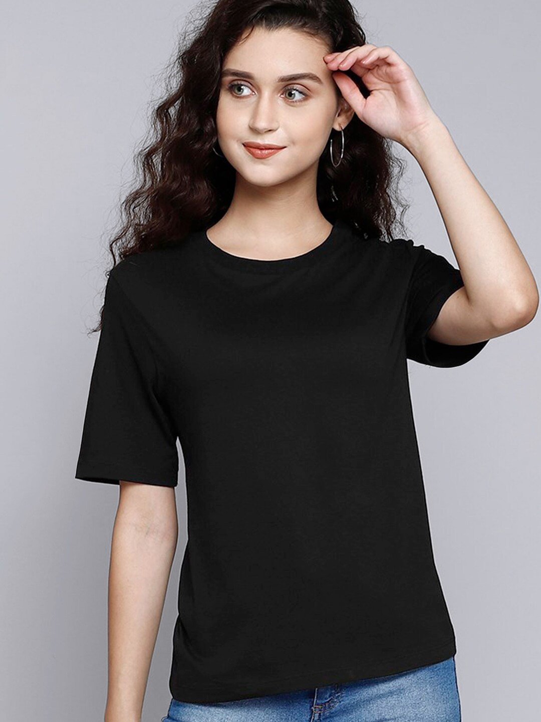 

Free Authority Women Black Solid Loose Cotton T-Shirt