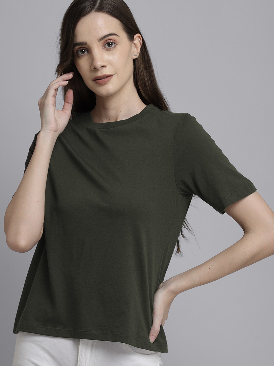 

Free Authority Women Olive Green Loose Pure Cotton T-shirt