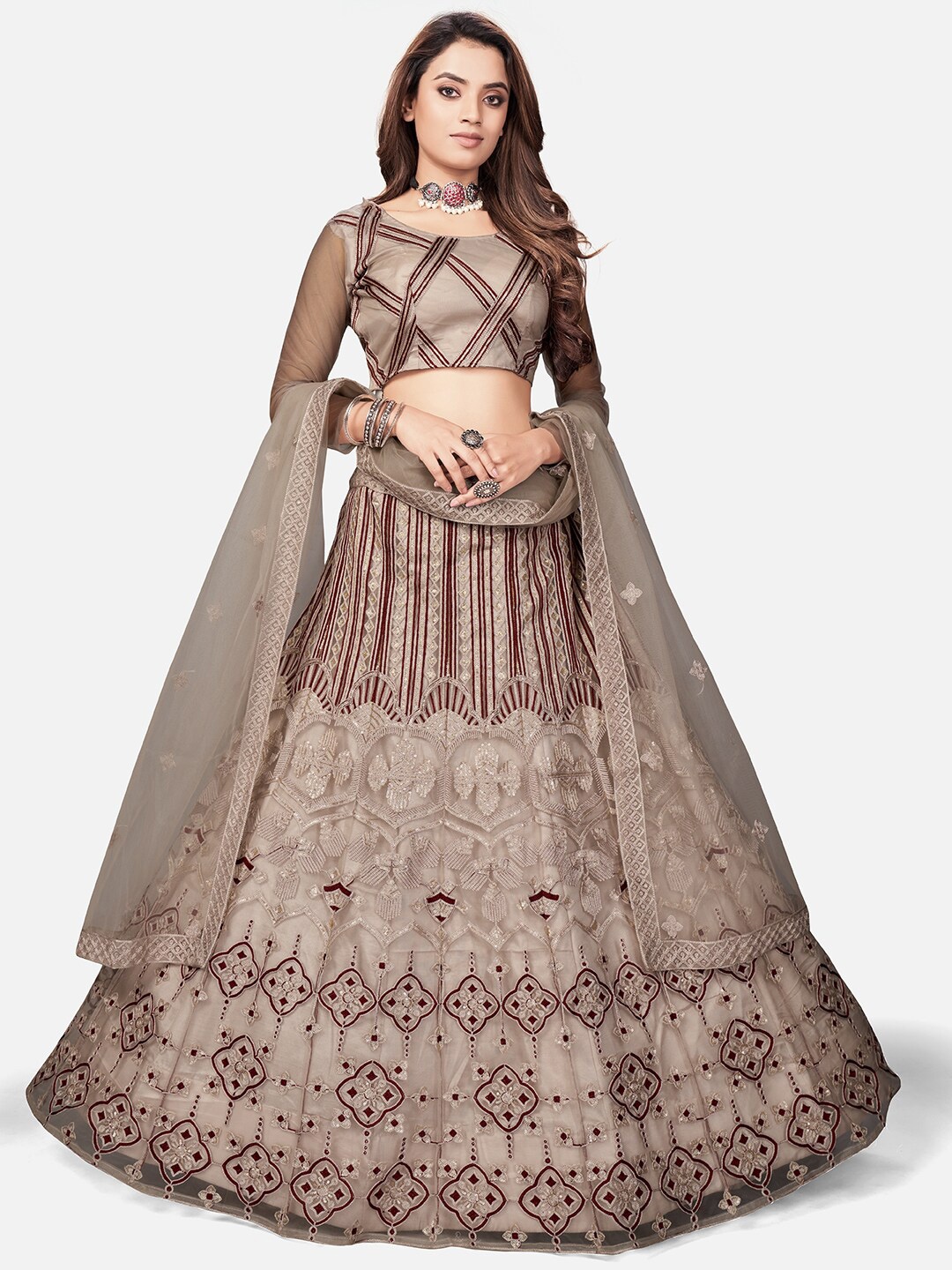 

WHITE FIRE Beige Embroidered Semi-Stitched Lehenga & Unstitched Blouse With Dupatta