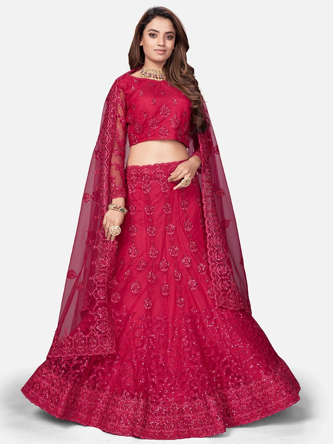 

WHITE FIRE Pink Embroidered Semi-Stitched Lehenga & Unstitched Blouse With Dupatta