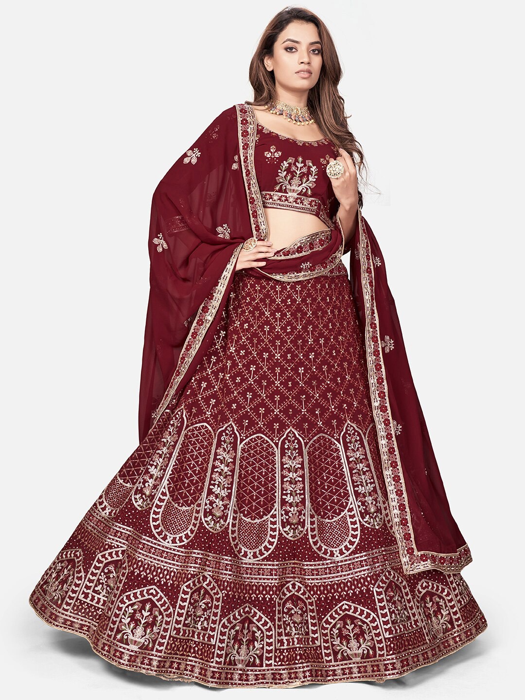 

WHITE FIRE Maroon Embroidered Semi-Stitched Lehenga & Unstitched Blouse With Dupatta