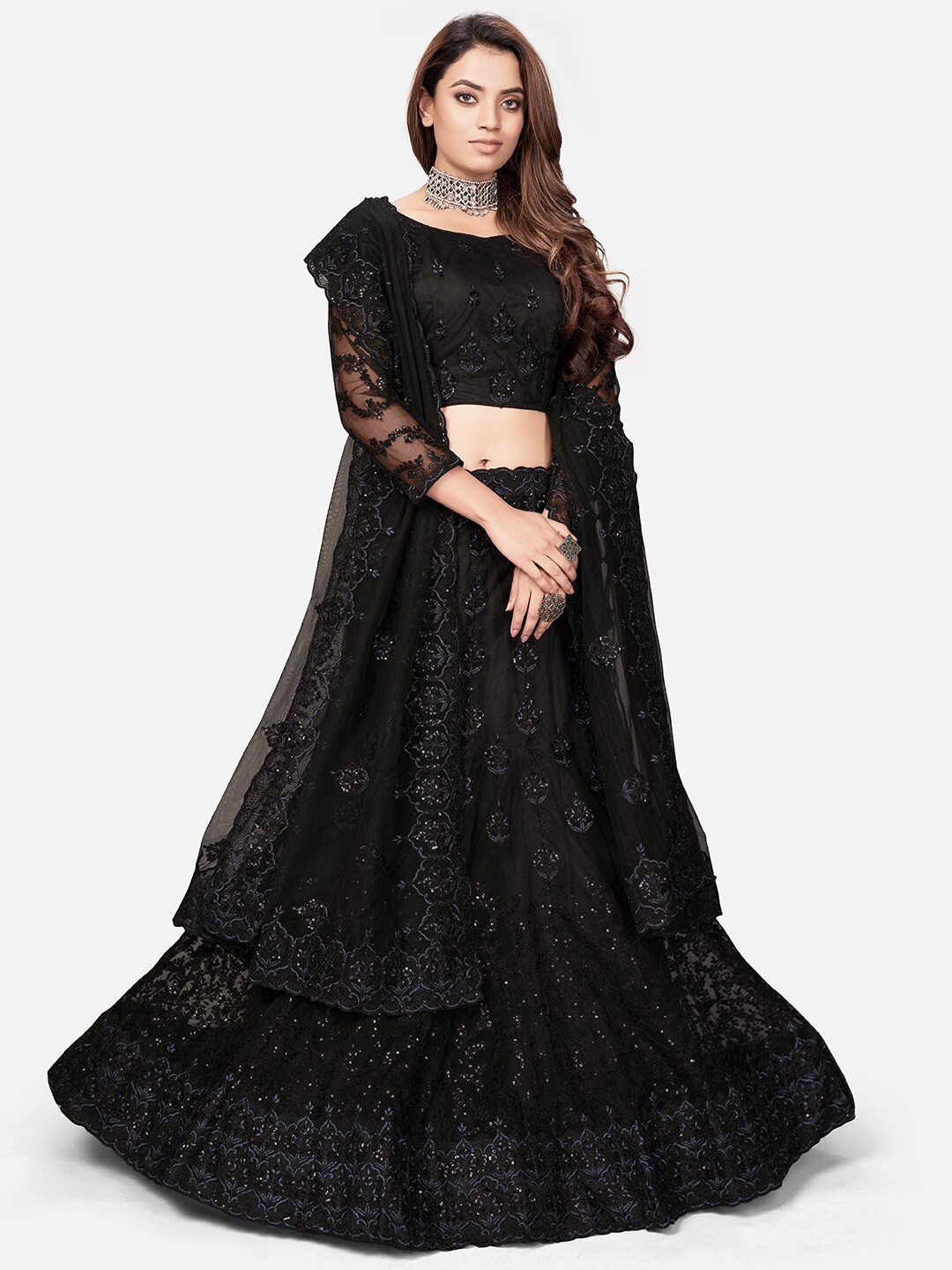 

WHITE FIRE Black Embellished Thread Work Semi-Stitched Lehenga & Unstitched Blouse With Dupatta