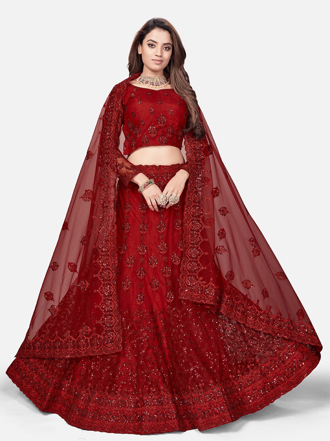 

WHITE FIRE Women Red Embroidered Beads and Stones Semi-Stitched Lehenga Choli & Dupatta