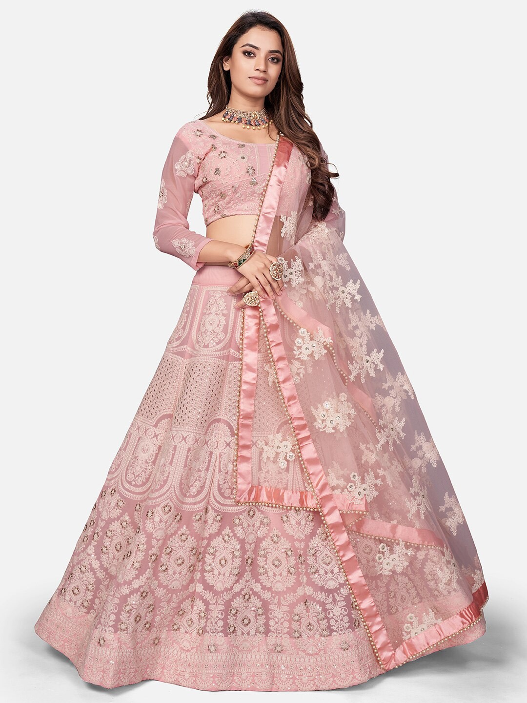 

WHITE FIRE Pink Embroidered Sequinned Semi-Stitched Lehenga & Unstitched Blouse With Dupatta