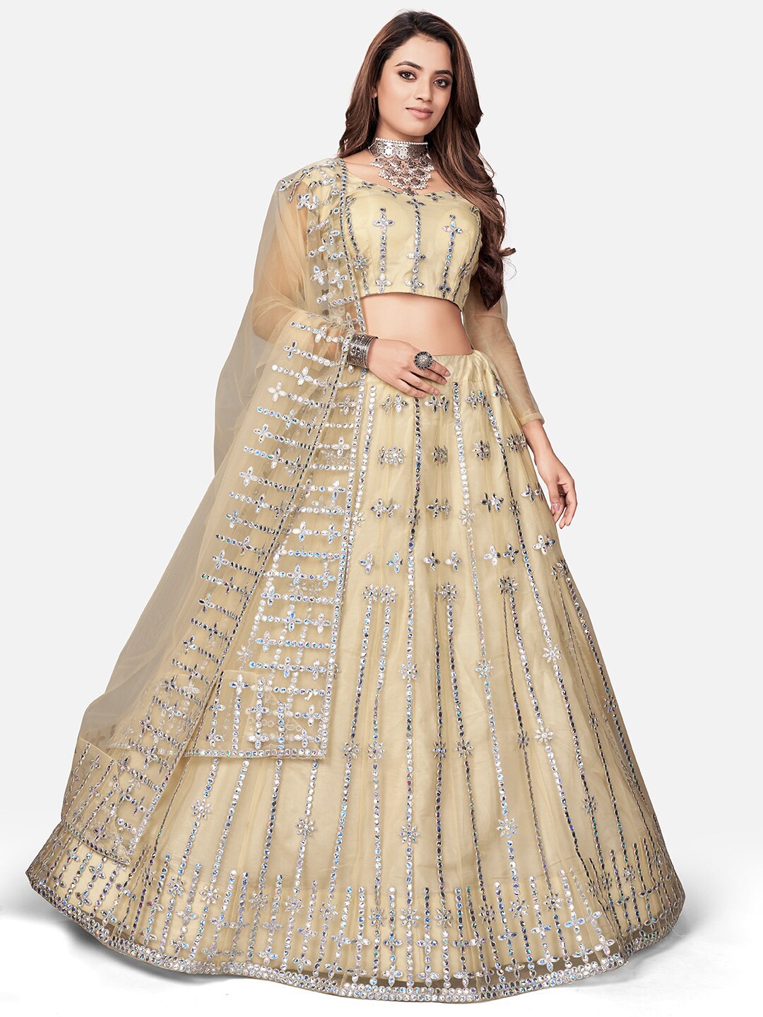 

WHITE FIRE Off White Embellished Thread Work Semi-Stitched Lehenga & Unstitched Blouse With Dupatta