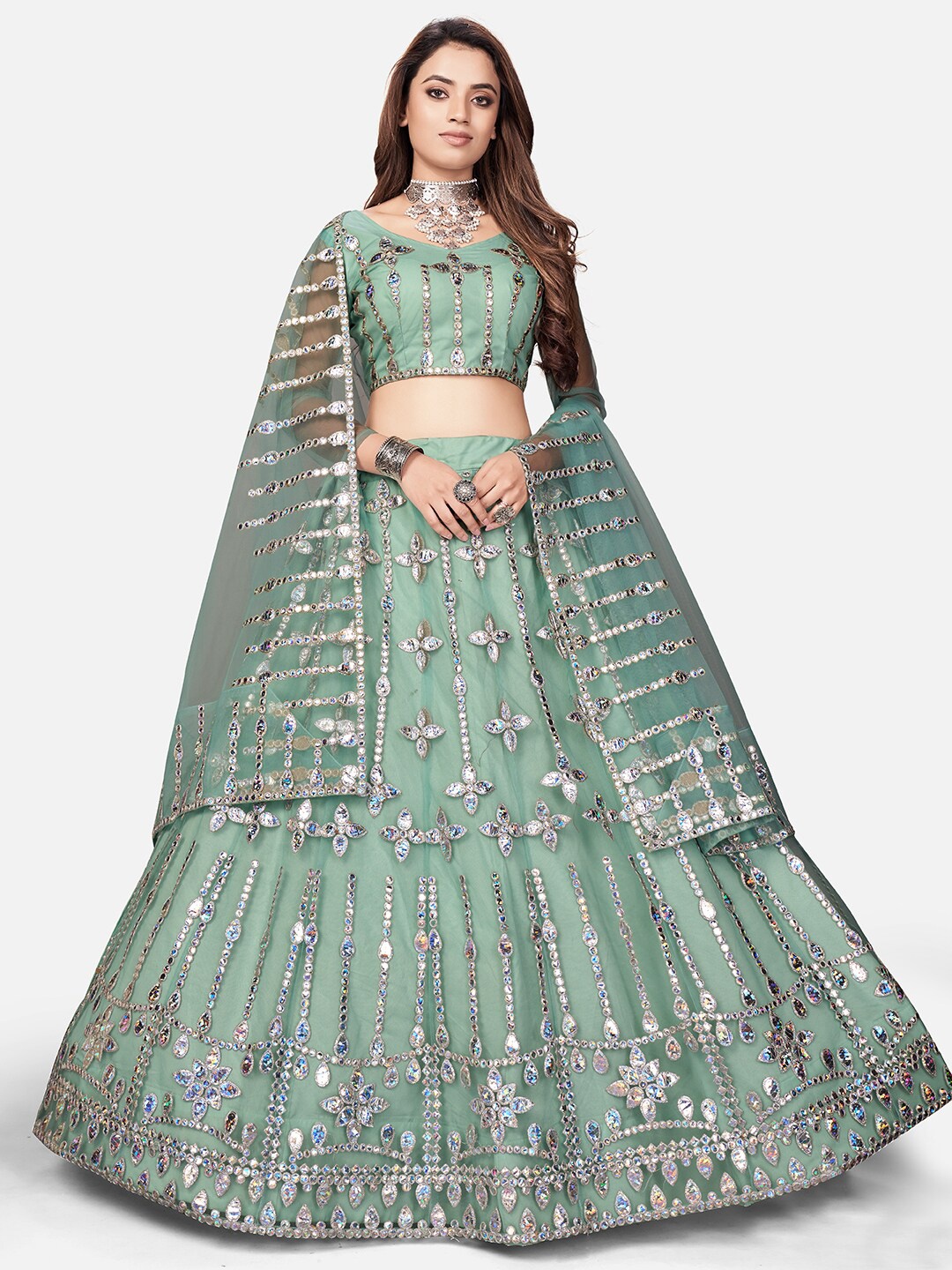 

WHITE FIRE Blue & Gold-Toned Embellished Semi-Stitched Lehenga & Unstitched Blouse