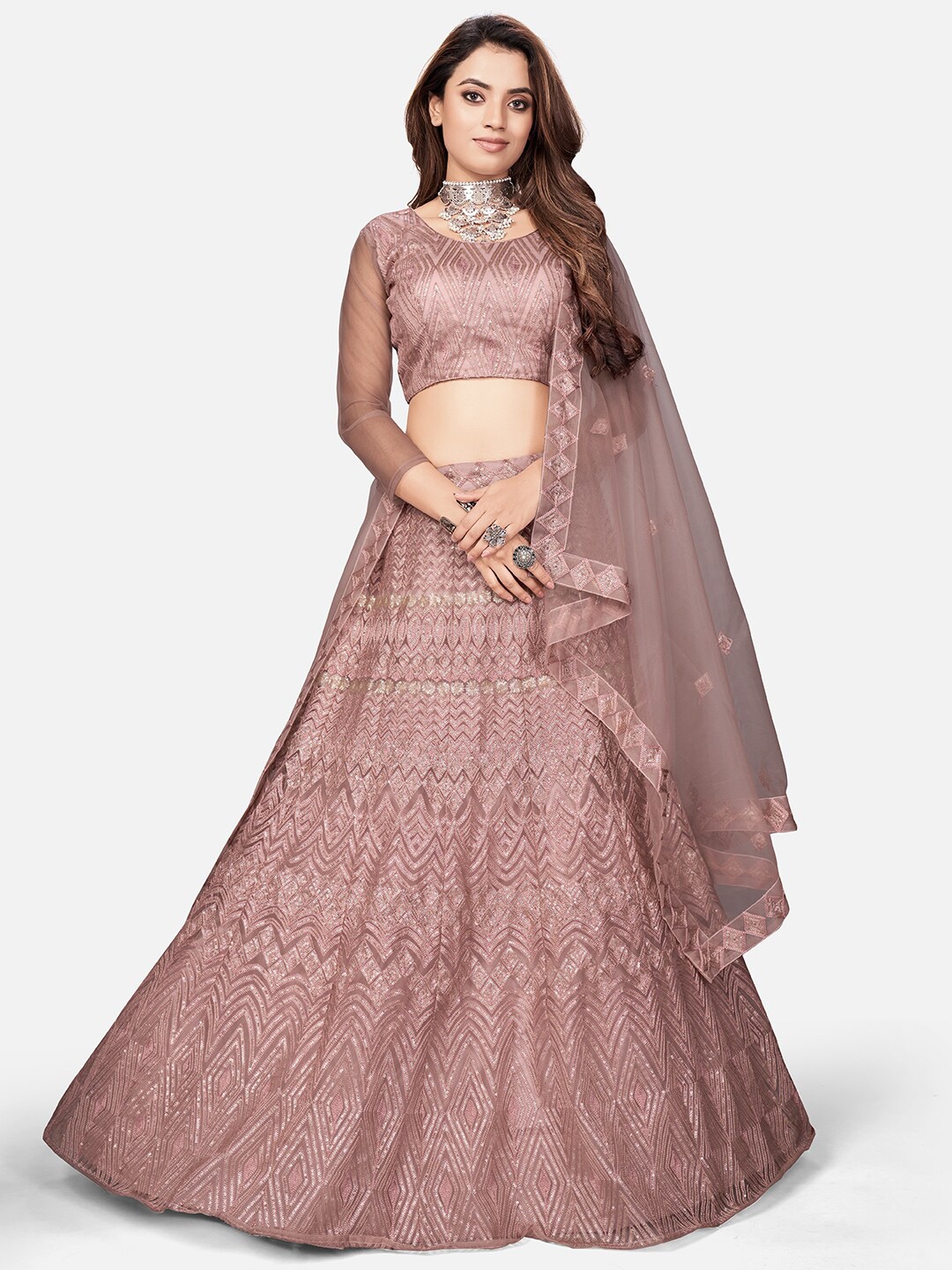 

WHITE FIRE Pink Embroidered Sequinned Semi-Stitched Lehenga & Unstitched Blouse With Dupatta