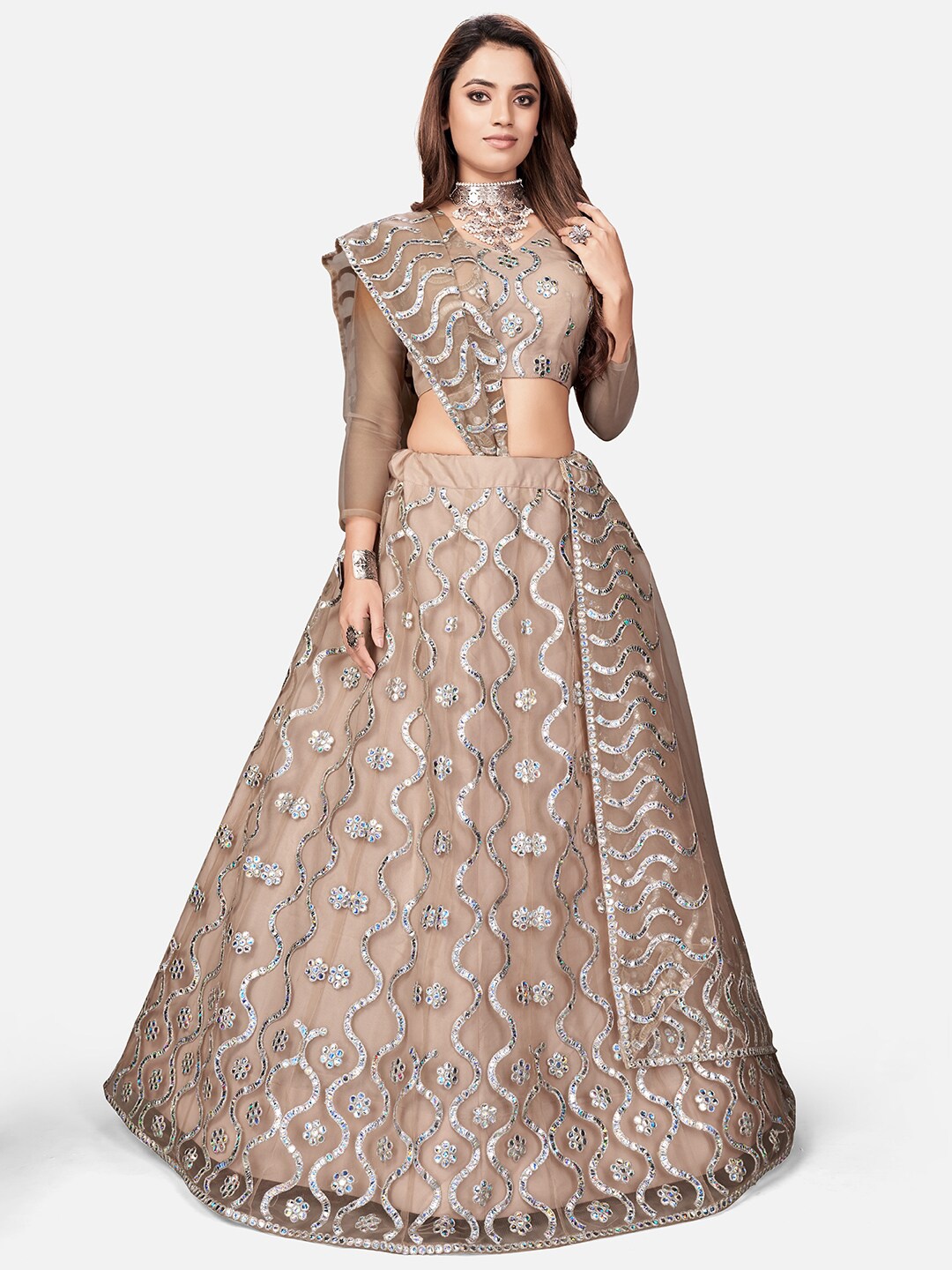 

WHITE FIRE Beige Embellished Thread Work Semi-Stitched Lehenga & Unstitched Blouse With Dupatta