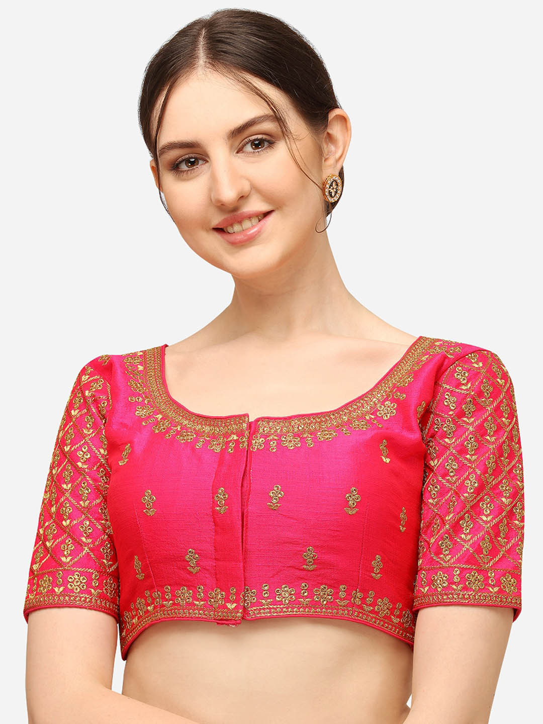 

Mesmore Women Pink & Gold-Coloured Embroidered Silk Saree Blouse