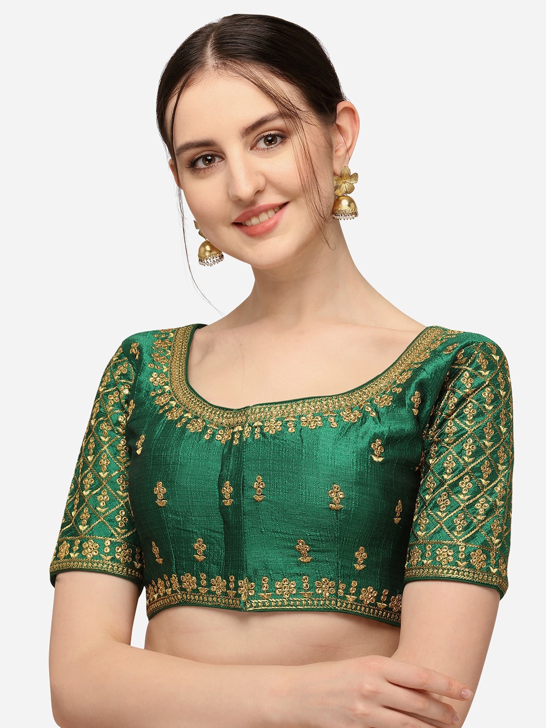 

Mesmore Women Green & Gold-Coloured Embroidered Silk Saree Blouse