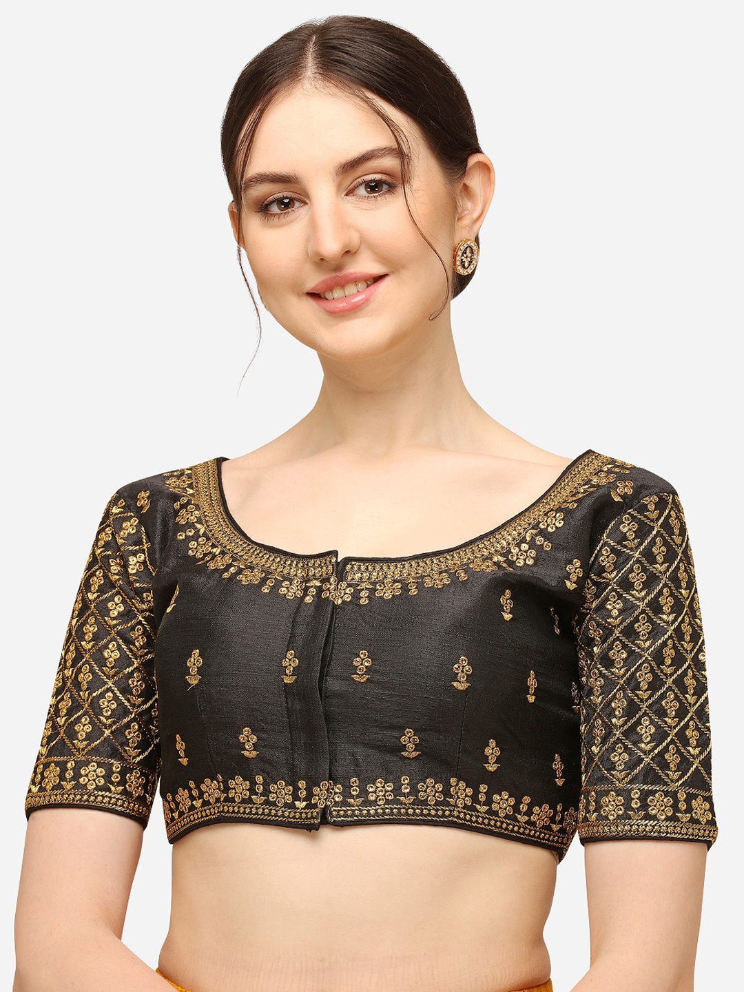 

Mesmore Women Black & Gold-Coloured Embroidered Silk Saree Blouse