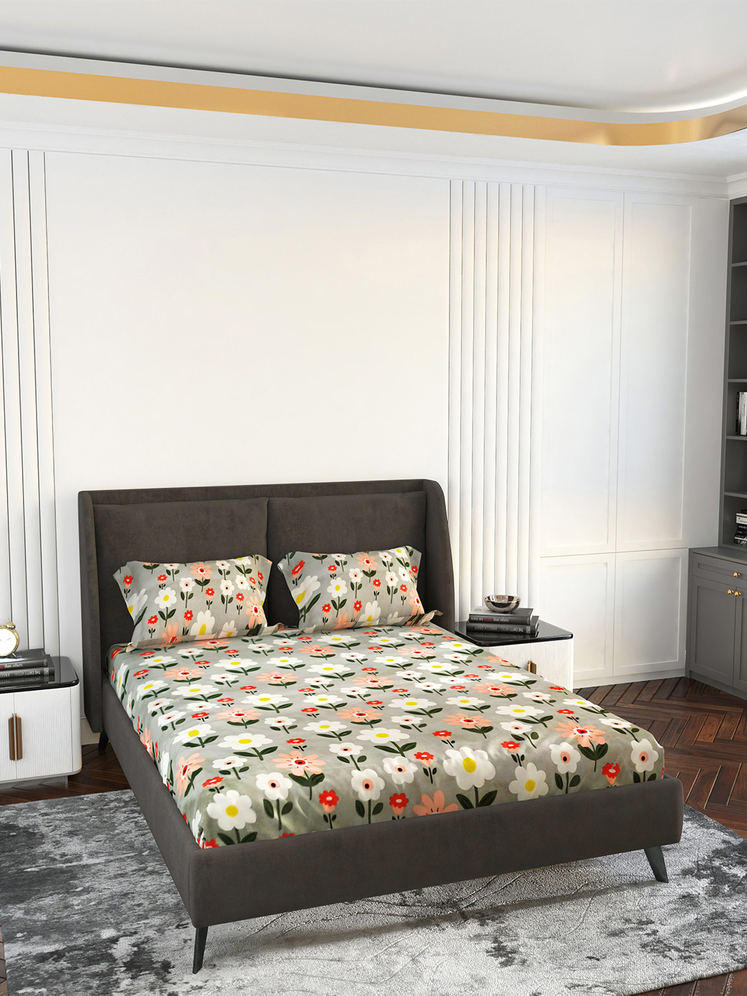 

LABHAM Grey & Pink Floral 140 TC King Cotton Bedsheet with 2 Pillow Covers