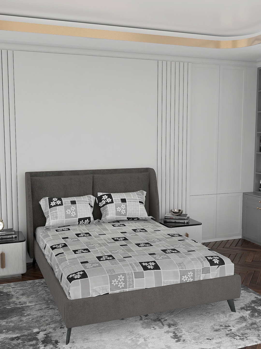 

LABHAM Grey Printed 144 TC 1 Queen Bedsheet with 2 Pillow Covers