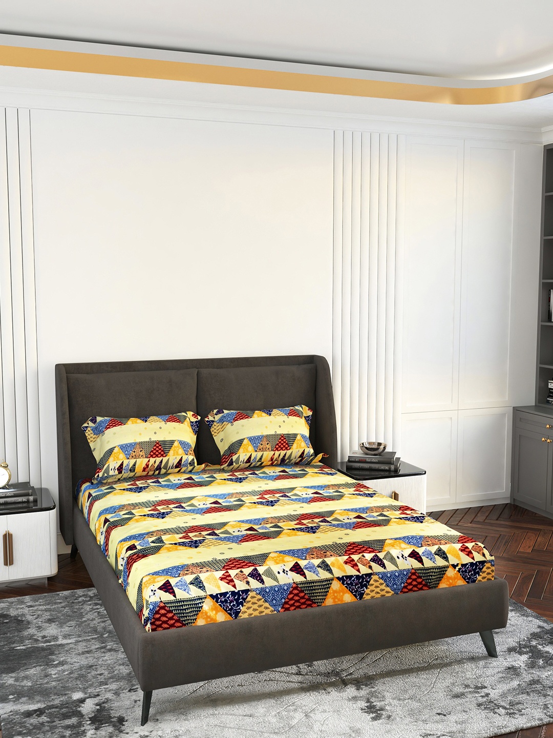 

LABHAM Yellow & Red Ethnic Motifs 140 TC King Bedsheet with 2 Pillow Covers