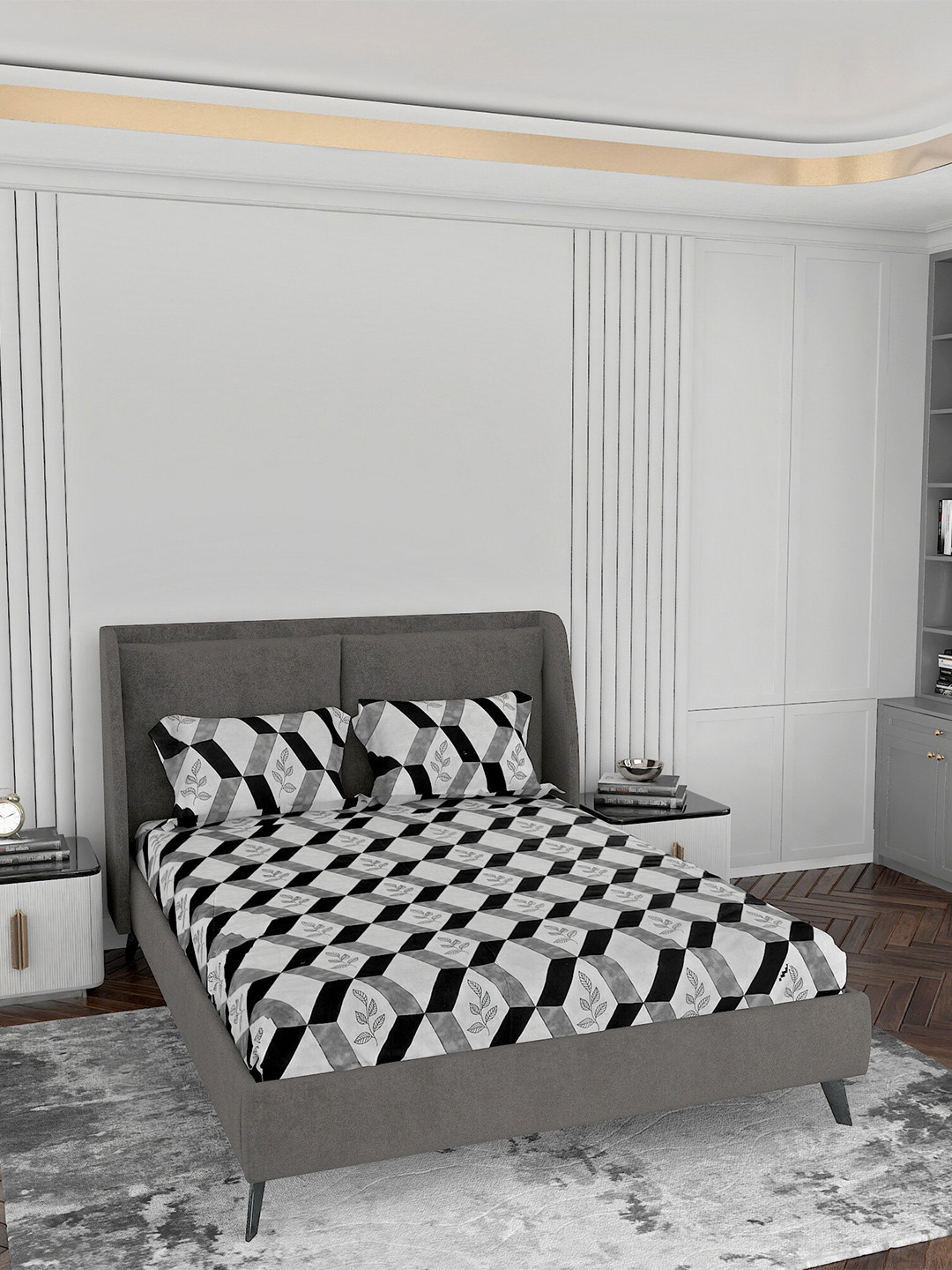

LABHAM Grey & White Printed 144 TC 1 Queen Bedsheet with 2 Pillow Covers