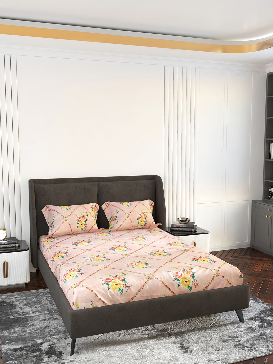 

LABHAM Pink & Yellow Ethnic Motifs 140 TC King Bedsheet with 2 Pillow Covers