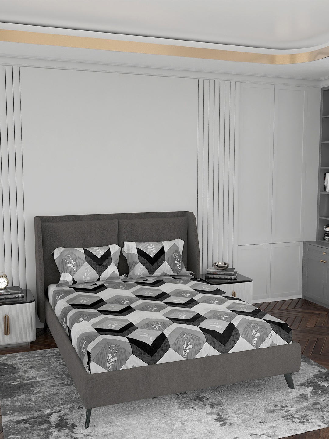 

LABHAM Grey & Black Geometric 144 TC Pure Cotton King Bedsheet with 2 Pillow Covers