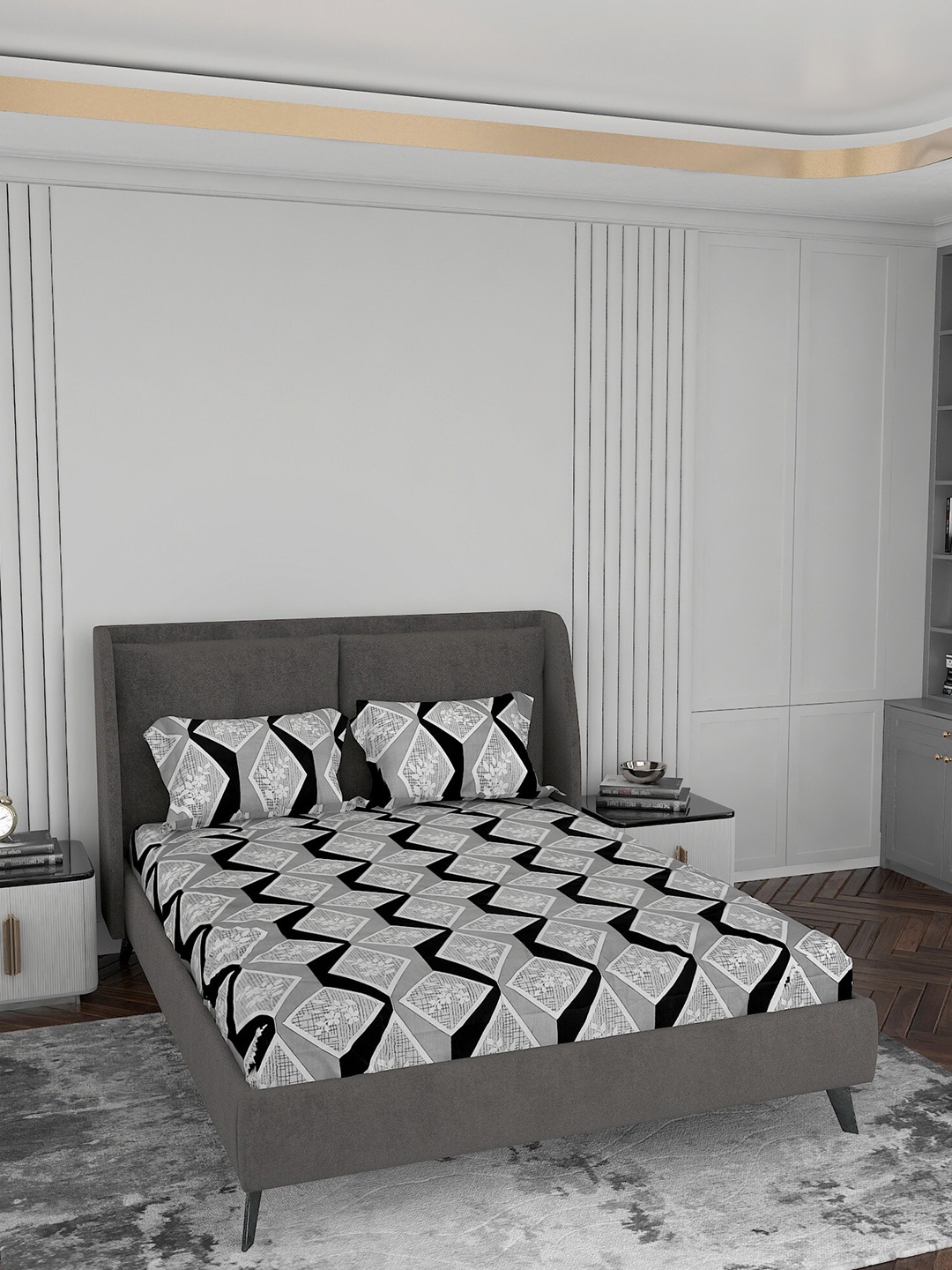 

LABHAM Grey & White Printed 144 TC 1 Queen Bedsheet with 2 Pillow Covers