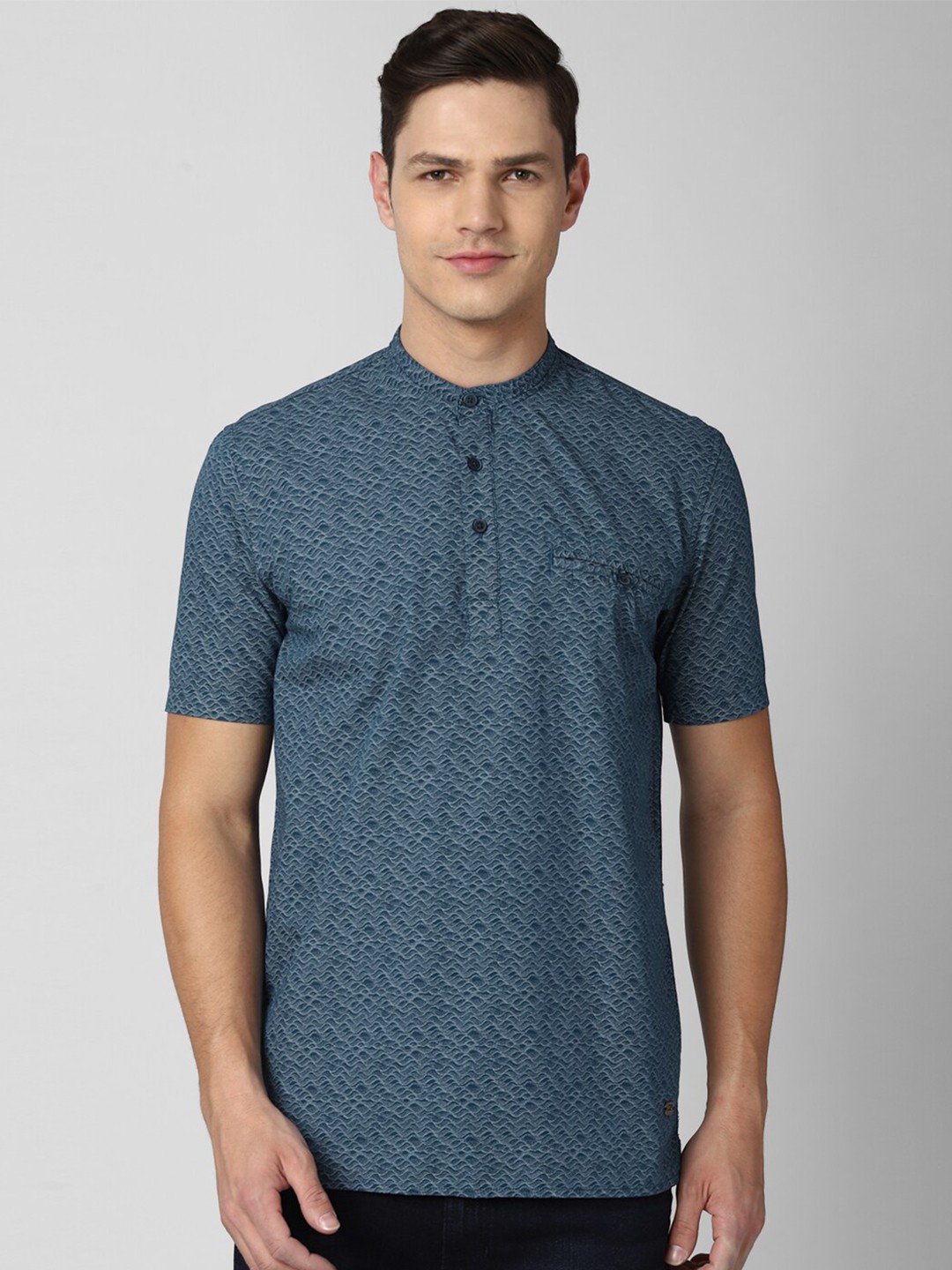 

Peter England Casuals Men Blue Printed Mandarin Collar Regular Fit Pure Cotton T-shirt