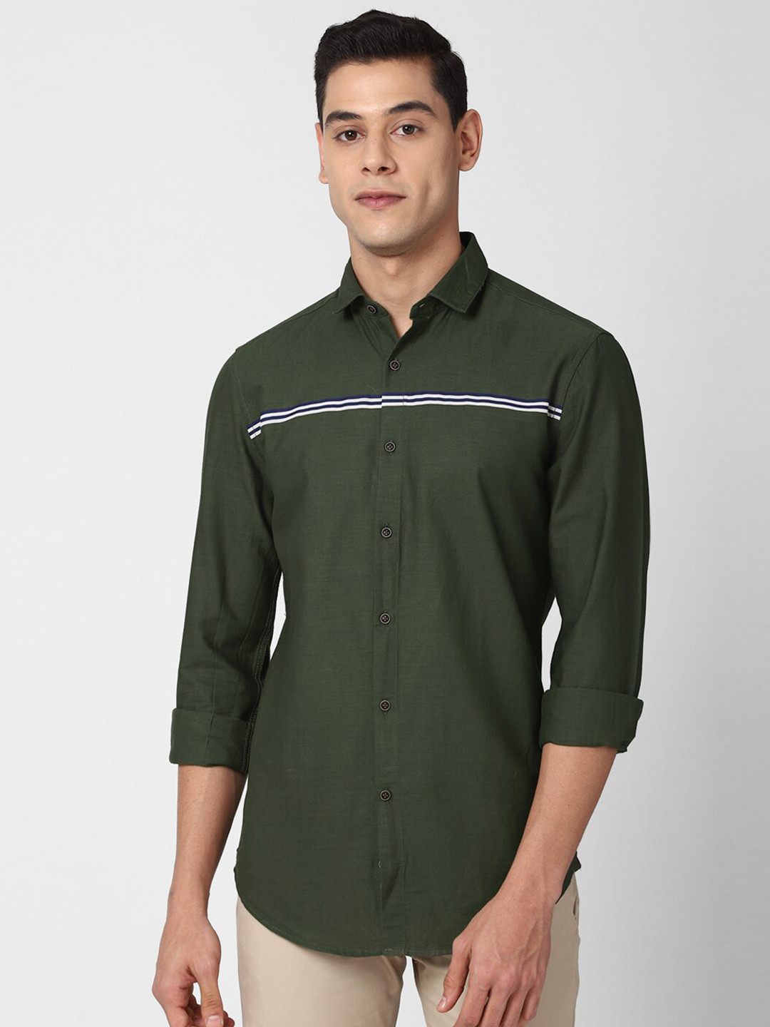 

Peter England Casuals Men Olive Green Slim Fit Pinstripes Striped Pure Cotton Casual Shirt