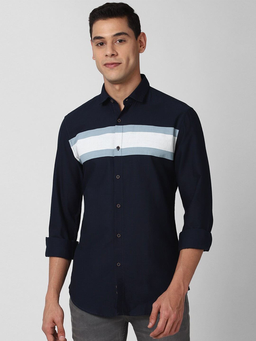 

Peter England Casuals Men Navy Blue Slim Fit Horizontal Striped Pure Cotton Casual Shirt
