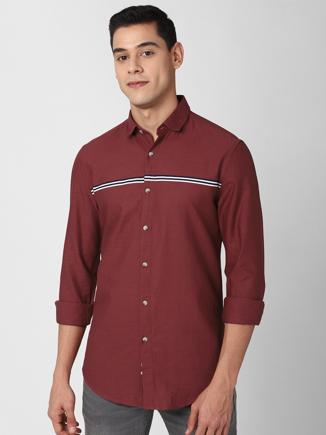 

Peter England Casuals Men Maroon Slim Fit Horizontal Stripes Pure Cotton Casual Shirt