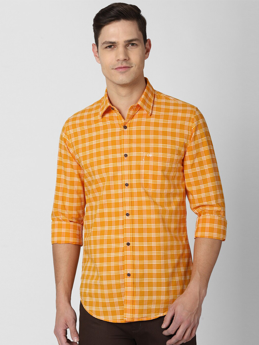 

Peter England Casuals Men Orange Slim Fit Gingham Checks Checked Pure Cotton Casual Shirt