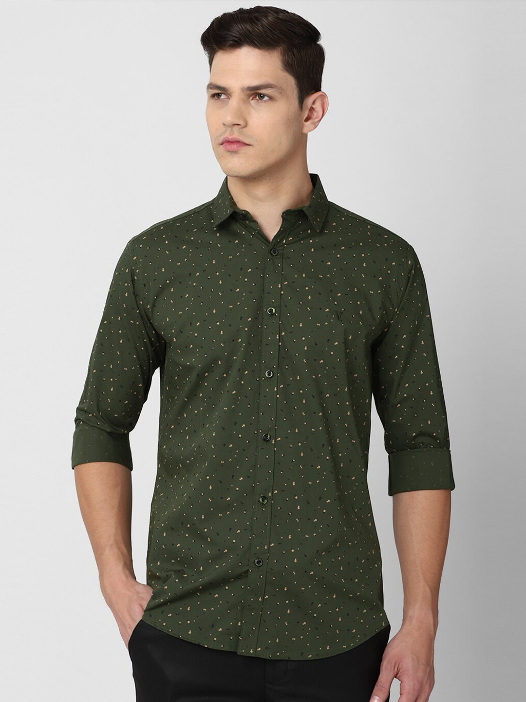 

V Dot Men Olive Green Slim Fit Printed Cotton Casual Shirt