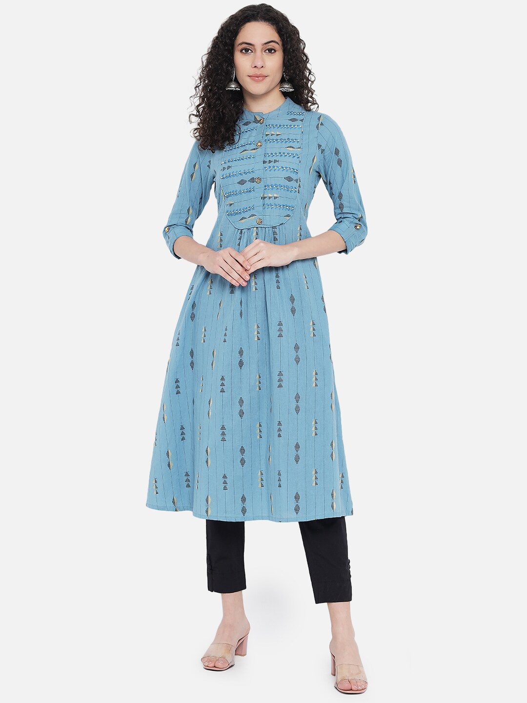 

Nehamta Women Blue Geometric Printed Cotton Anarkali Kurta