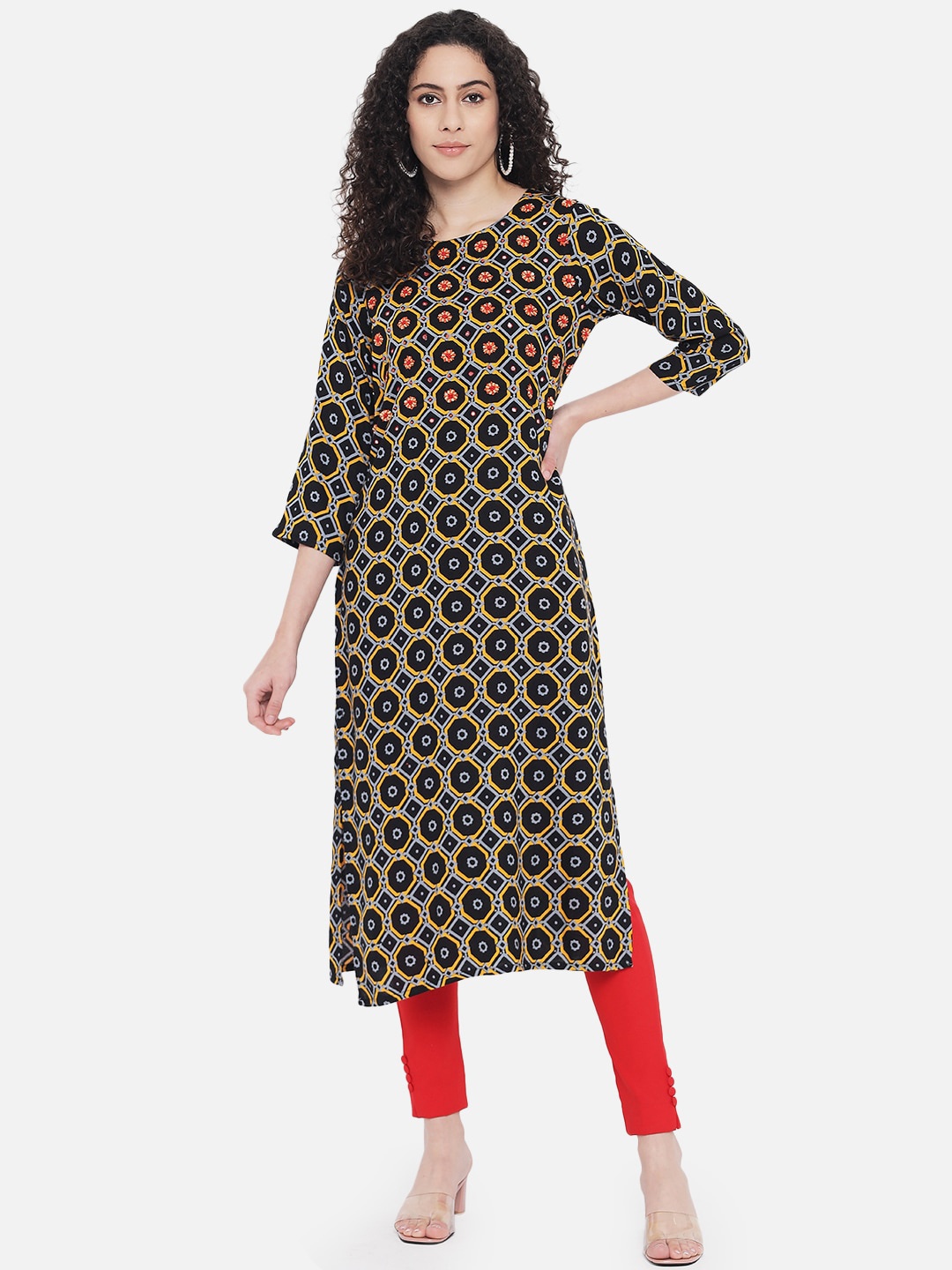 

Nehamta Women Black & Yellow Geometric Printed Kurta