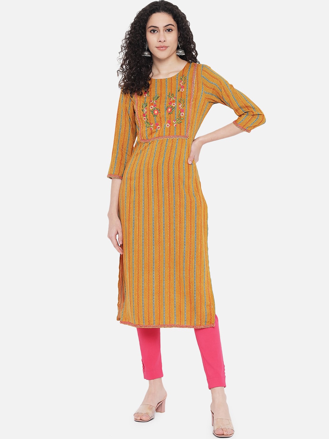 

Nehamta Women Mustard Yellow Striped Kurta