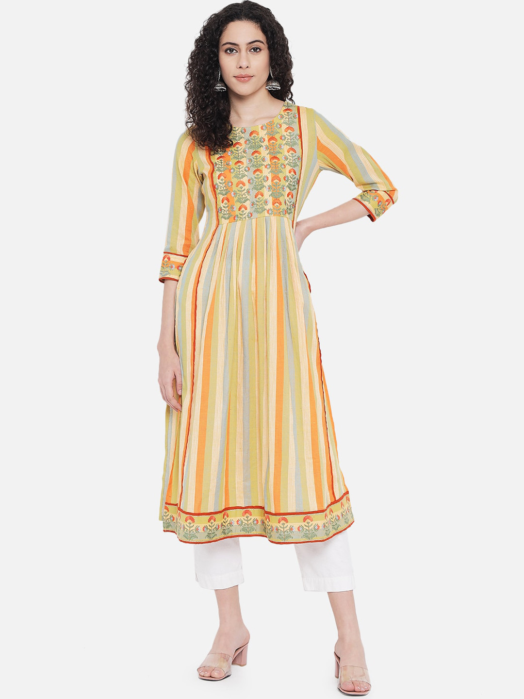 

Nehamta Women Green & Orange Ethnic Motifs Embroidered Mirror Work Anarkali Kurta