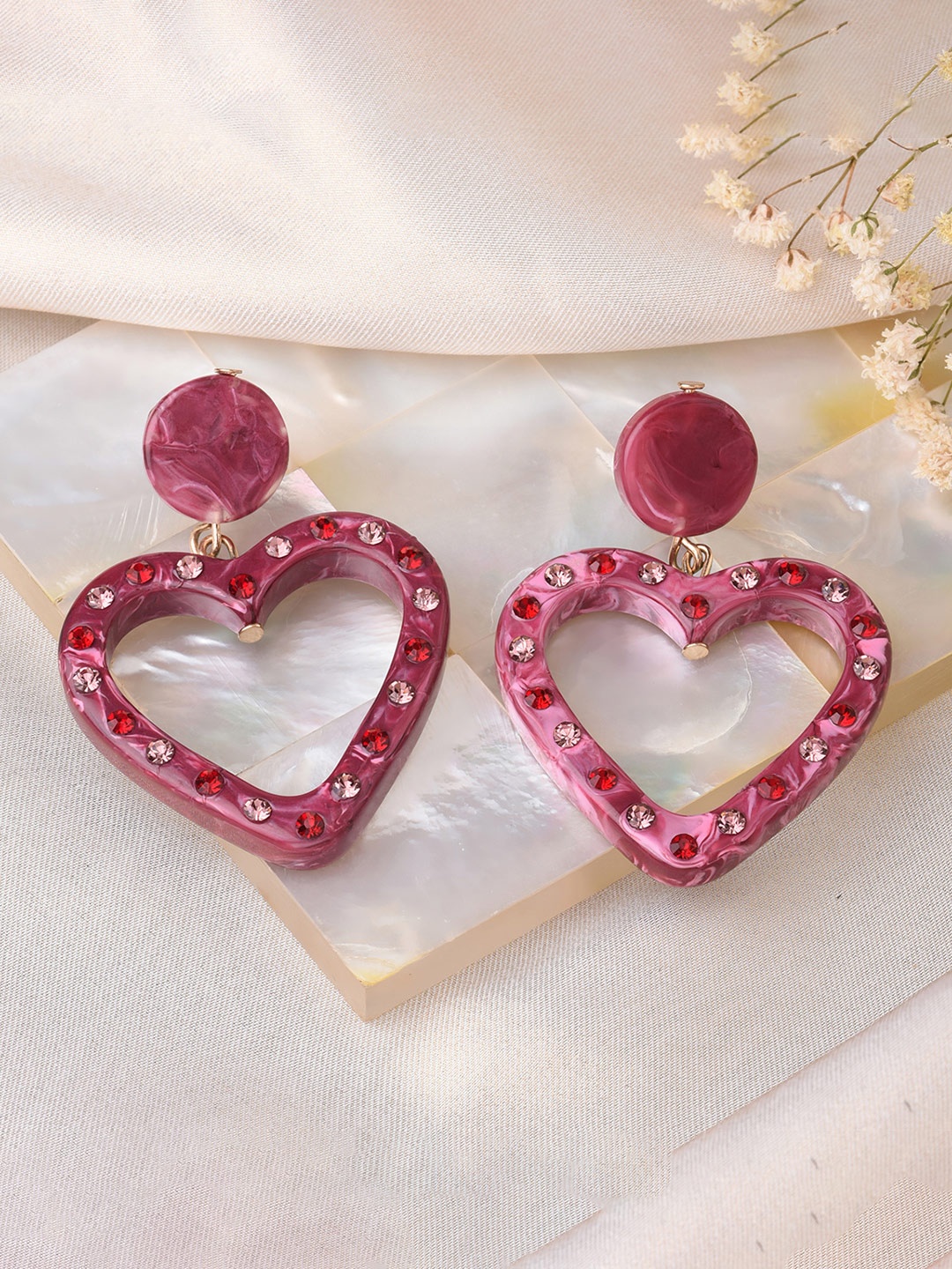 

Lilly & sparkle Pink & Gold-Plated Heart Shaped Drop Earrings