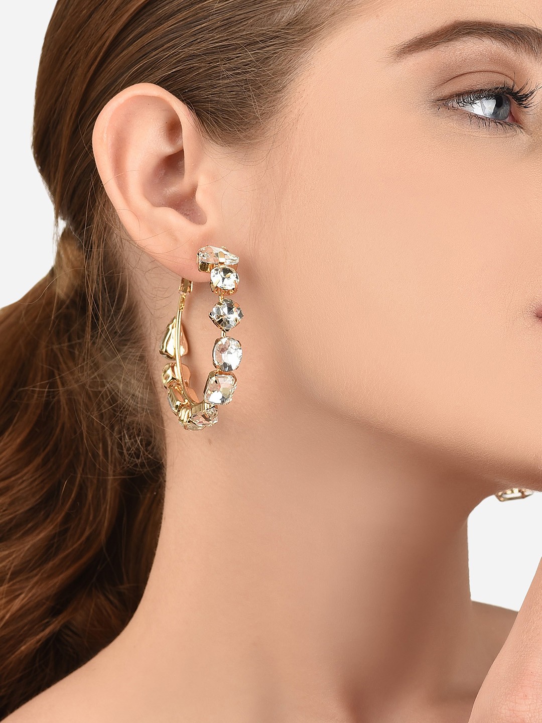 

Lilly & sparkle Gold-Toned & White Stone Studded Contemporary Hoop Earrings