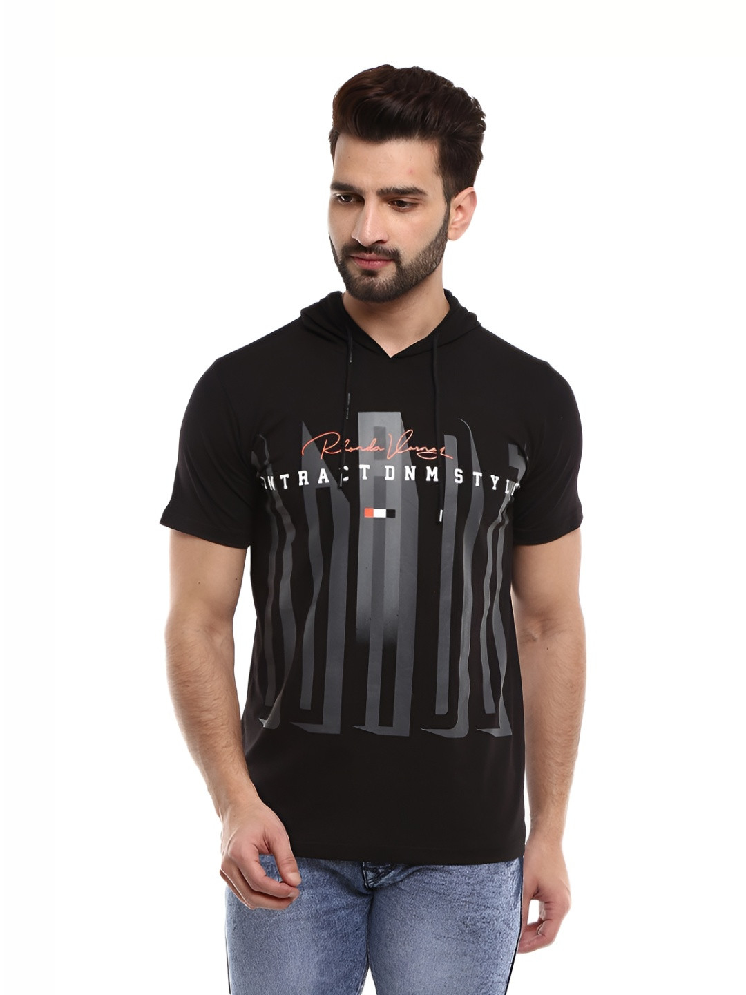 

V-Mart Men Striped Hooded Applique Slim Fit T-shirt, Black